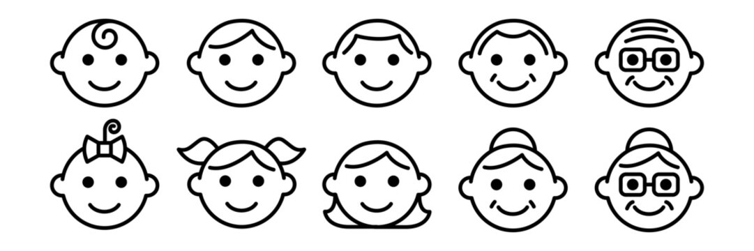 Face family icon set. Line icons of people of different ages. Face icon baby, sister, brother, girl, boy, mother, father, grandfather, grandmother, male, female. Cute face icon. Vector illustration