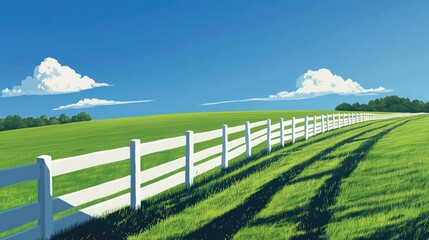 A white fence cuts across a lush green field, set against the backdrop of a perfectly blue and cloudless sky