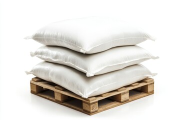 Three large white sacks stacked on a wooden pallet, isolated on white background.