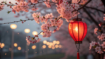 vibrant red lantern glows warmly against a backdrop of delicate cherry blossoms, capturing the serene beauty of a festive moment.