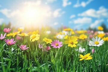 Obraz premium Sunny meadow with colorful daisies in full bloom under a bright blue sky with soft clouds