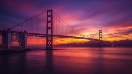 Fototapeta premium Golden Gate Bridge sunset, San Francisco, vibrant sky, city background, travel poster