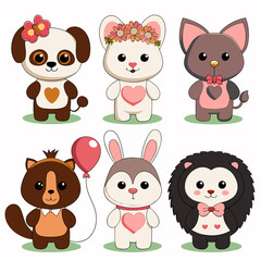Adorable cartoon animals; dog, cat, rabbit, hedgehog, raccoon.