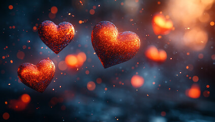 Obraz premium Romantic Valentine’s Day Background with Glittering Red Hearts and Warm Golden Glow, Perfect for Festive and Love-Themed Projects