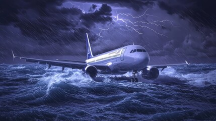 Fototapeta premium Airplane encounters severe storm over turbulent ocean at night with lightning strikes illuminating the sky