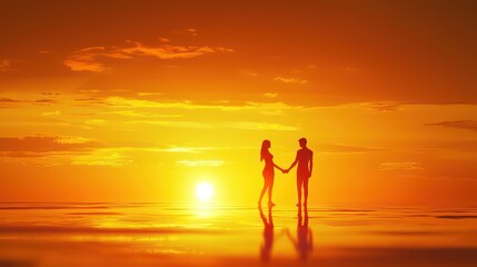Fototapeta premium A couple's minimalist silhouettes against a breathtaking sunset, holding hands
