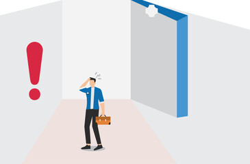 Fototapeta premium Problem solving, solution or strategy. Businessman with exclamation mark on wall