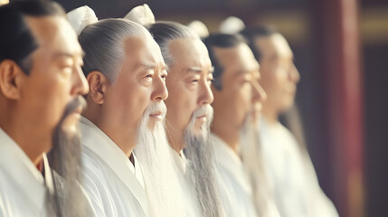 Obraz premium Wise Elderly Men in Traditional Chinese Attire with Focused Expressions in Historical Setting : Generative AI