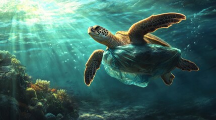 Obraz premium Oceanic Turtle Entangled in Plastic Pollution A Call for Environmental Conservation and Marine Life Protection