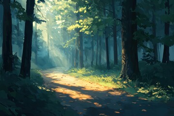 Fototapeta premium Sunlit Forest Path A Tranquil Digital Landscape