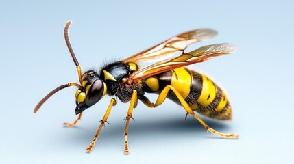 Yellowjacket wasp close-up, studio shot, insect detail, light blue background, nature photography