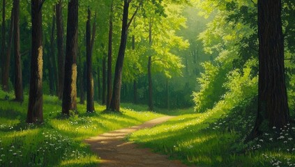 Fototapeta premium Sunlit Path Through a Lush Green Forest