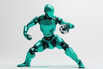 Fototapeta premium Teal Metallic Robot Ready to Play Soccer