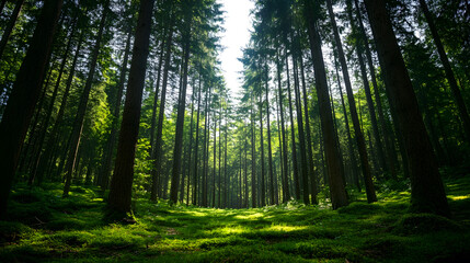 Fototapeta premium Majestic Coniferous Forest with Sunlight Filtering Through Tall Trees : Generative AI