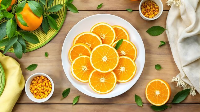 Laranja de Umbigo (Navel Orange) Slices on a Wooden Table with Fresh Leaves (Bahian Cuisine)