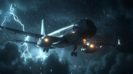Fototapeta premium Dramatic stormy night flight over a turbulent sky with lightning and heavy rain