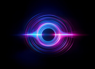 Abstract concentric circles radiate vibrant blue and pink neon light against a black background, creating a hypnotic, energy-filled visual.  The central void suggests a portal or cosmic event.