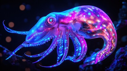 Bioluminescent squid ocean depths glowing dark