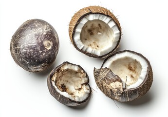 Four brown coconuts, one whole, three cracked open, on white background.