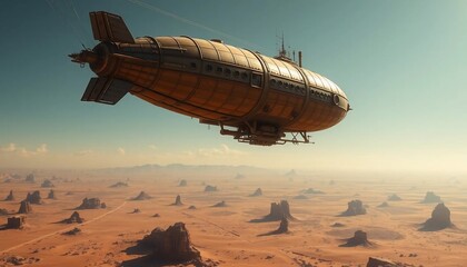 Steampunk Airship Soaring Over a Desolate Martian Landscape