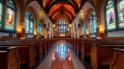 Obraz premium Majestic Gothic Cathedral Interior with Stained Glass Windows and Wooden Pews : Generative AI