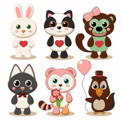 Fototapeta premium Adorable cartoon animals with hearts. (5)