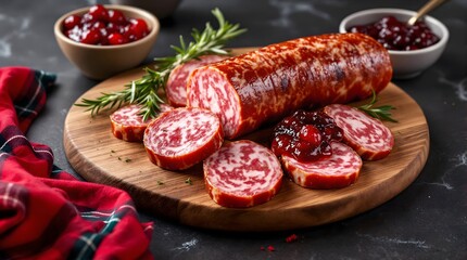 Obraz premium Reinsdyrpølse (Reindeer Sausage) Served with Lingonberry Jam (Norwegian Cuisine)