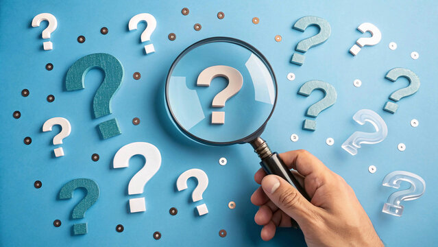 magnifying glass zooms in on a question mark, surrounded by numerous Question Mark and Root Cause Analysis Concept other question marks on a blue backdrop."