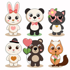 Adorable cartoon animals rabbit, panda, cat, bunny, bear, squirrel.