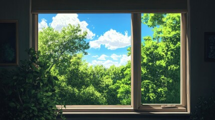 Fototapeta premium From the cozy apartment window, a lush forest unfolds under a bright and serene sky, filling the frame with vibrant greens and blues