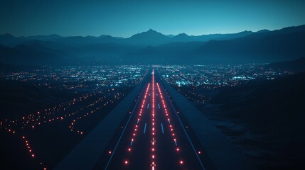 Night view of a busy airport runway with city lights and mountains in the background