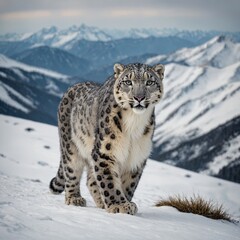 Fototapeta premium A snow leopard standing near a steaming hot spring surrounded by snow.