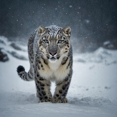 A snow leopard walking into a blizzard, disappearing into the storm.
