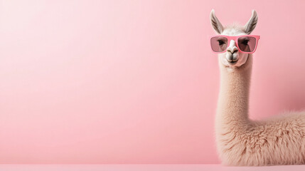 Obraz premium animal concept featuring a llama with sunglasses, surreal style, pastel-colored backdrop
