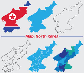 North Korea map on a white background with flag. borders marked, Simple map of North Korea vector drawing, Filled and outline.