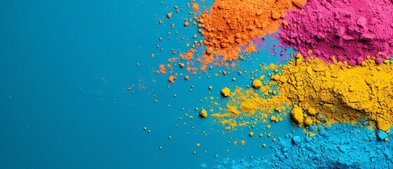 Fototapeta premium Vibrant colorful powders scattered on a blue background, showcasing a blend of pink, orange, yellow, and blue hues for artistic inspiration.