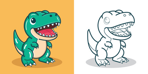 A cute green T-rex illustration for a sticker, design element, or coloring book element