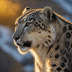 Obraz premium A snow leopard silhouetted against the golden light of the setting sun on a white peak.