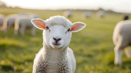 Fototapeta premium Curious Lamb with Soft Wool in Serene Pastoral Landscape