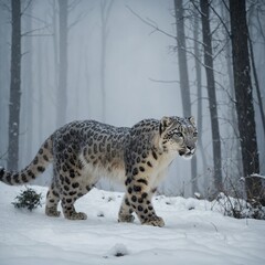 Fototapeta premium A snow leopard moving through dense fog in a snowy forest.l