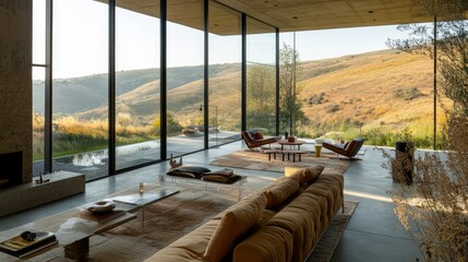 Minimalist interior design featuring a wide-open room with large glass walls and a panoramic view of the outdoors