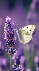 Naklejka premium White butterfly rests on purple lavender flower in a field of lavender in soft light