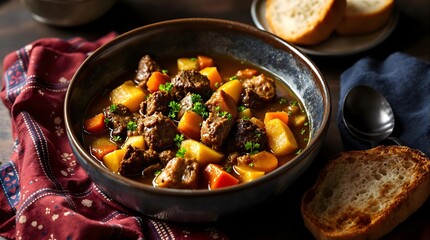 Brennsnut Med Lam (Beef and Lamb Stew) with Root Vegetables in a Rustic Bowl [Norwegian Cuisine]