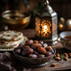 Ramadan iftar breaking fast with dates and water. Arabic lantern on the table. Traditional meal