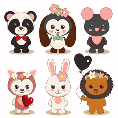 Fototapeta premium Adorable cartoon animals panda, dog, mouse, fox, bunny, lion.