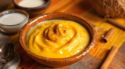 Canjica Amarela (Yellow Corn Pudding) served in a rustic bowl with cinnamon garnish (Bahian Cuisine)