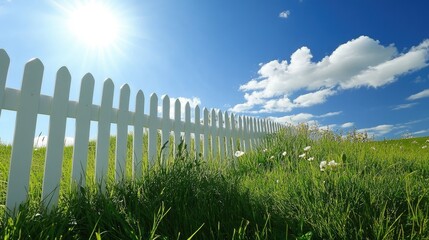Rolling green grass meets a white picket fence under a sunny sky, evoking feelings of peace and simplicity