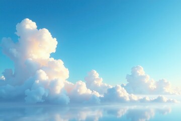 Softly glowing blue sky with cotton-like cumulus clouds drifting lazily across the horizon, gentle breeze, , calm