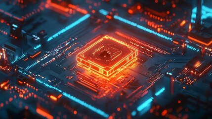 Obraz premium Glowing CPU on a futuristic circuit board.