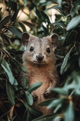 Obraz premium Close up portrait of a rock hyrax in a natural habitat surrounded by green leaves and branches